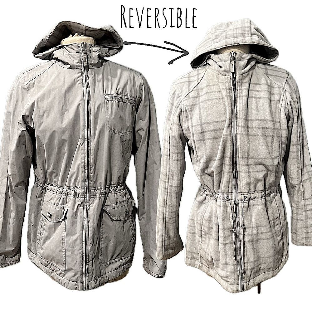 Izod Grey Hooded Reversible Trench Coat Fleece Plaid Coat Size Small